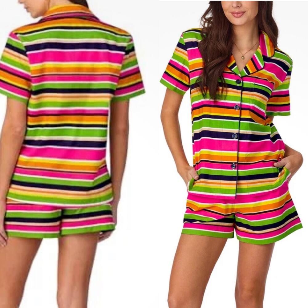 NWOT Bedhead Bright Cabana Stripes Pima Cotton Shorty Pajama Set Size Large